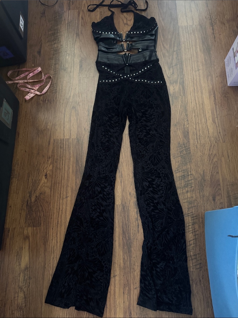 Fashion Nova Black Velvet Floral Flare Jumpsuit with Faux Leather Bodice